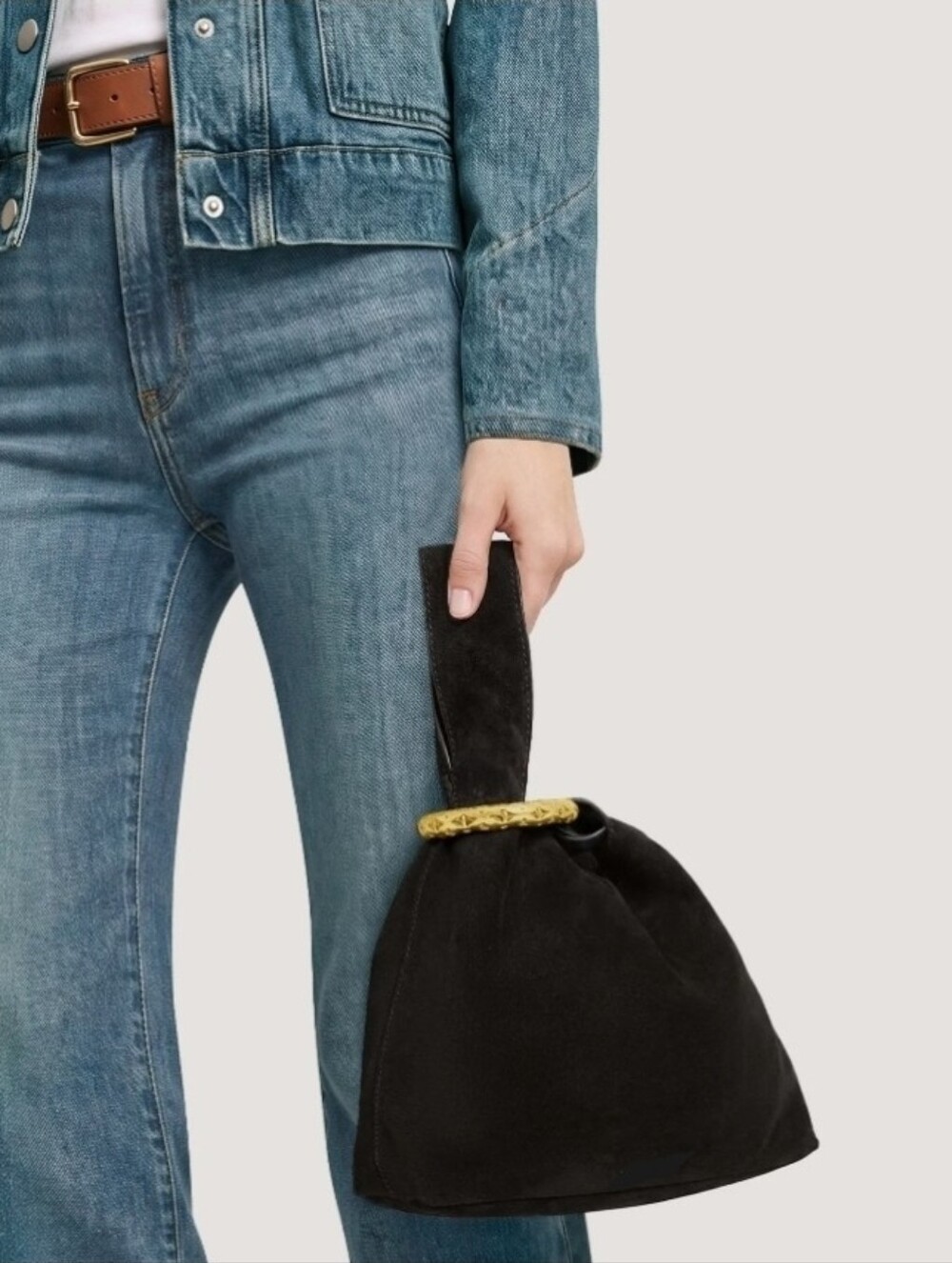 Black Suede Knot Wristlet Bag with Gold Accent - Picture 9 of 10